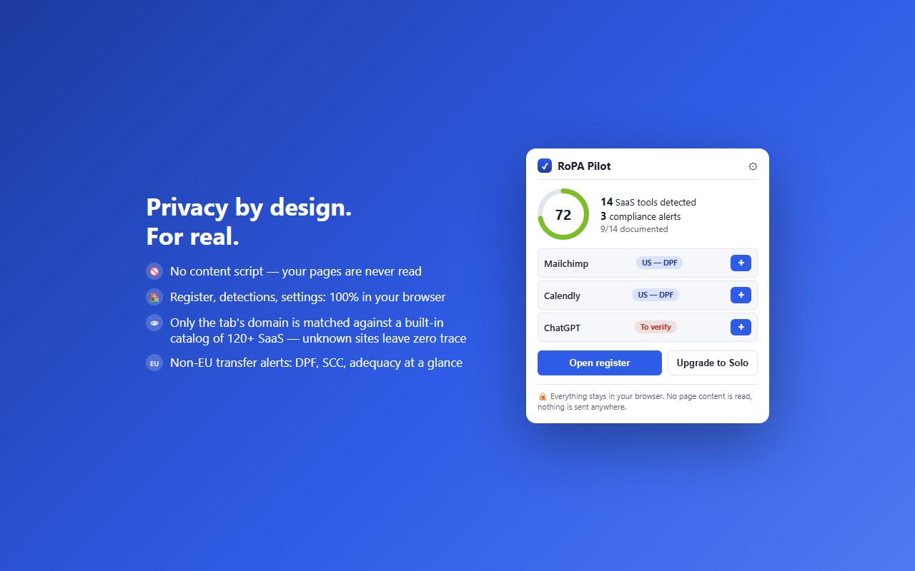 Privacy by design: no page reading, 100% local data